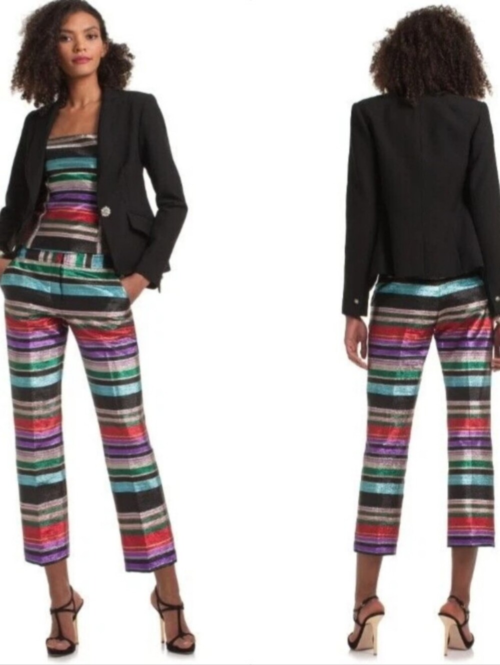New Trina Turk Metallic Rainbow Stripe High Waist Straight Leg Crop Pants
